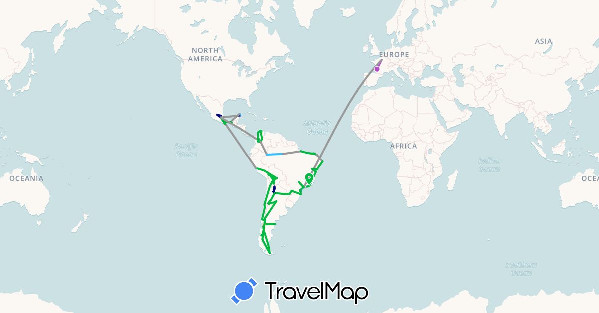 TravelMap itinerary: driving, bus, plane, train, hiking, boat, hitchhiking in Argentina, Bolivia, Brazil, Chile, Colombia, France, Mexico, Peru (Europe, North America, South America)